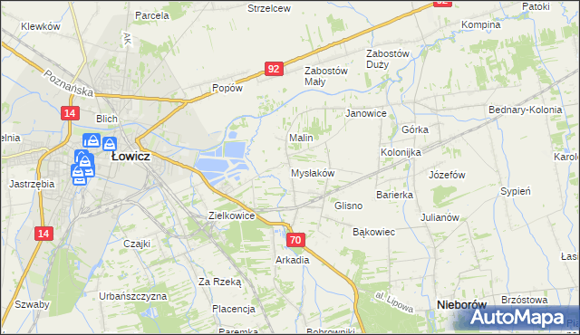 mapa Mysłaków gmina Nieborów, Mysłaków gmina Nieborów na mapie Targeo