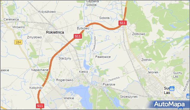 mapa Pawłowice gmina Rokietnica, Pawłowice gmina Rokietnica na mapie Targeo