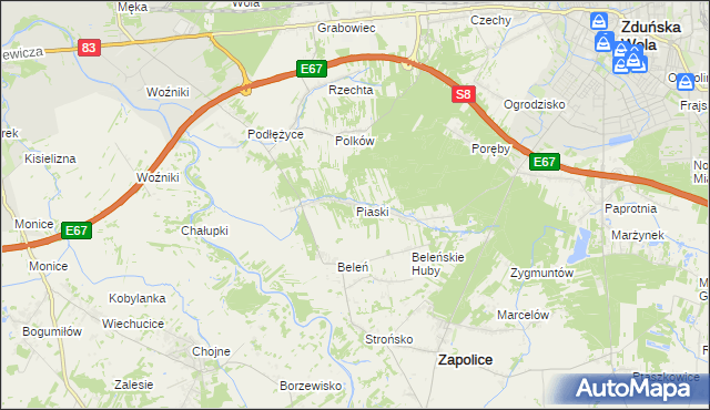 mapa Piaski gmina Zduńska Wola, Piaski gmina Zduńska Wola na mapie Targeo