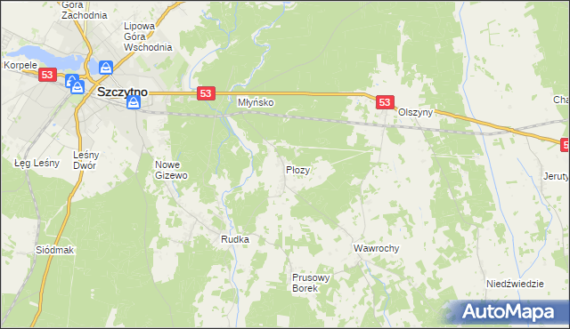 mapa Płozy, Płozy na mapie Targeo