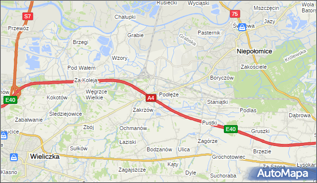 mapa Podłęże gmina Niepołomice, Podłęże gmina Niepołomice na mapie Targeo