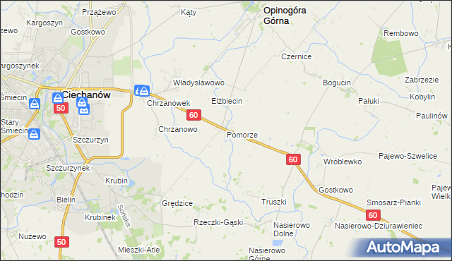 mapa Pomorze gmina Opinogóra Górna, Pomorze gmina Opinogóra Górna na mapie Targeo