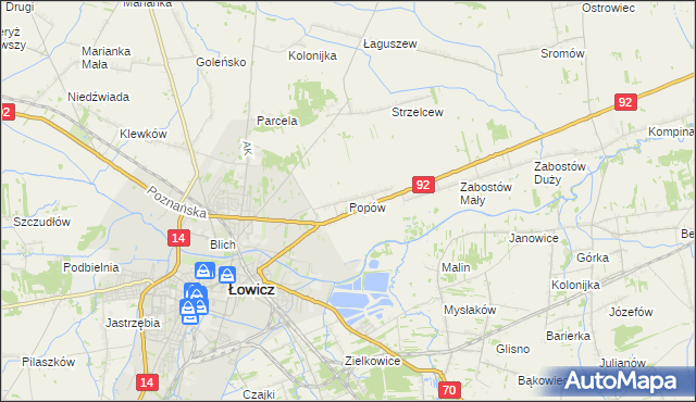 mapa Popów gmina Łowicz, Popów gmina Łowicz na mapie Targeo