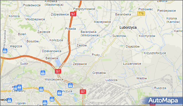 mapa Prusy gmina Kocmyrzów-Luborzyca, Prusy gmina Kocmyrzów-Luborzyca na mapie Targeo