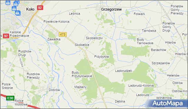 mapa Przybyłów gmina Koło, Przybyłów gmina Koło na mapie Targeo