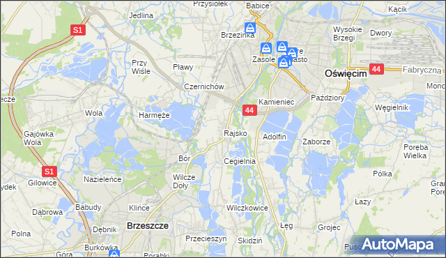 mapa Rajsko gmina Oświęcim, Rajsko gmina Oświęcim na mapie Targeo