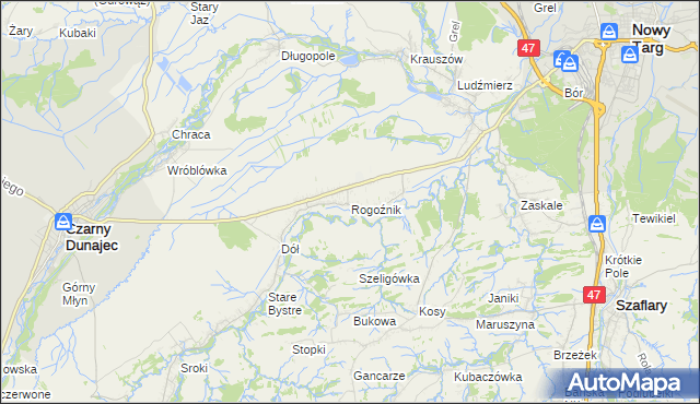 mapa Rogoźnik gmina Nowy Targ, Rogoźnik gmina Nowy Targ na mapie Targeo