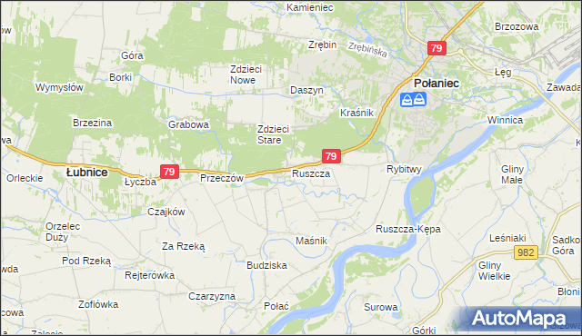 mapa Ruszcza gmina Połaniec, Ruszcza gmina Połaniec na mapie Targeo