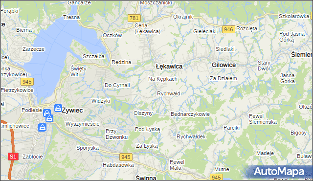 mapa Rychwałd gmina Gilowice, Rychwałd gmina Gilowice na mapie Targeo