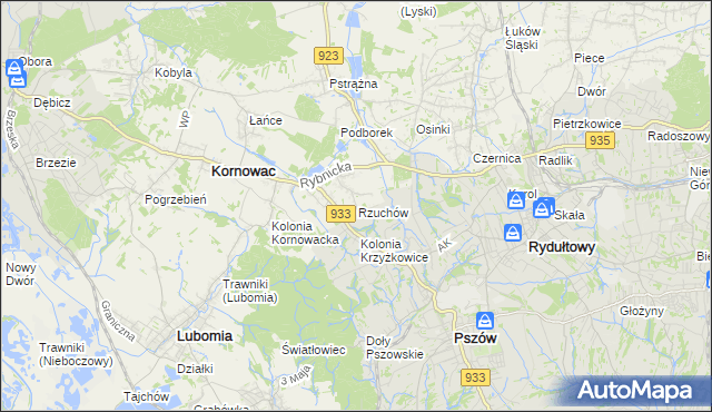 mapa Rzuchów gmina Kornowac, Rzuchów gmina Kornowac na mapie Targeo