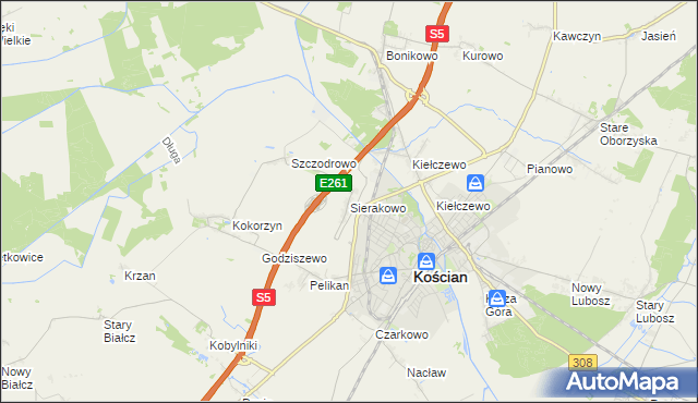 mapa Sierakowo gmina Kościan, Sierakowo gmina Kościan na mapie Targeo