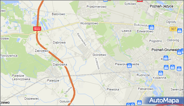 mapa Skórzewo gmina Dopiewo, Skórzewo gmina Dopiewo na mapie Targeo