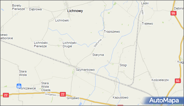 mapa Starynia gmina Lichnowy, Starynia gmina Lichnowy na mapie Targeo