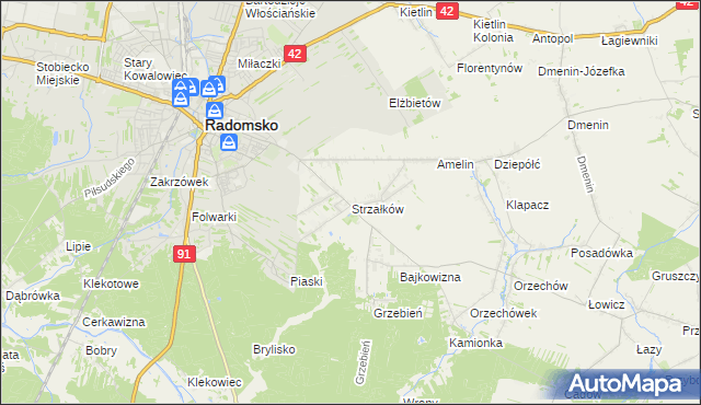 mapa Strzałków gmina Radomsko, Strzałków gmina Radomsko na mapie Targeo