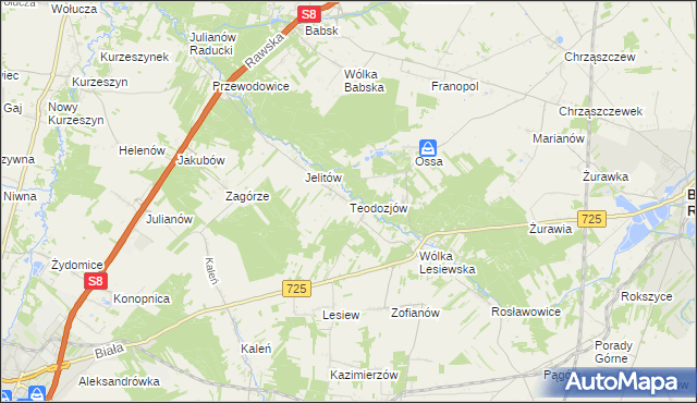 mapa Teodozjów gmina Biała Rawska, Teodozjów gmina Biała Rawska na mapie Targeo