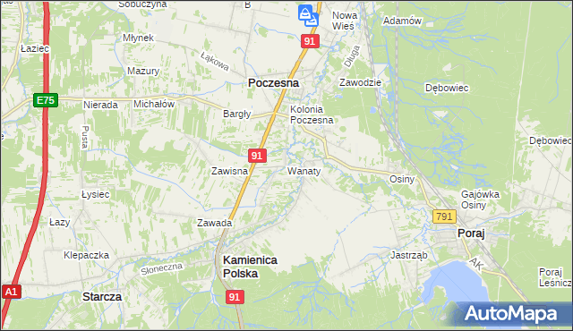 mapa Wanaty gmina Kamienica Polska, Wanaty gmina Kamienica Polska na mapie Targeo