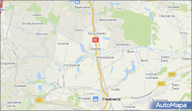 mapa Warszowice, Warszowice na mapie Targeo