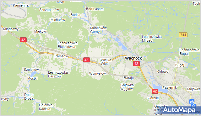 mapa Wielka Wieś gmina Wąchock, Wielka Wieś gmina Wąchock na mapie Targeo