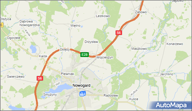 mapa Wojcieszyn gmina Nowogard, Wojcieszyn gmina Nowogard na mapie Targeo