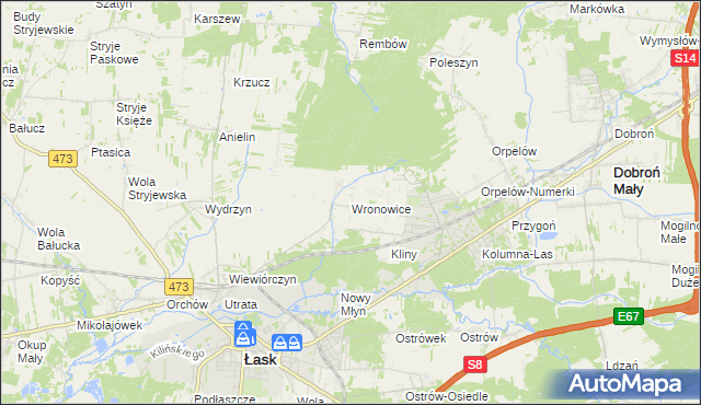 mapa Wronowice gmina Łask, Wronowice gmina Łask na mapie Targeo