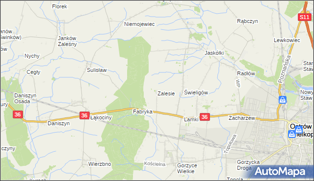 mapa Zalesie gmina Ostrów Wielkopolski, Zalesie gmina Ostrów Wielkopolski na mapie Targeo