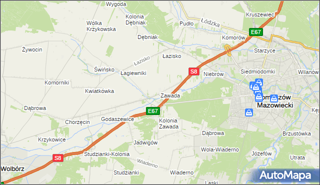 mapa Zawada gmina Tomaszów Mazowiecki, Zawada gmina Tomaszów Mazowiecki na mapie Targeo