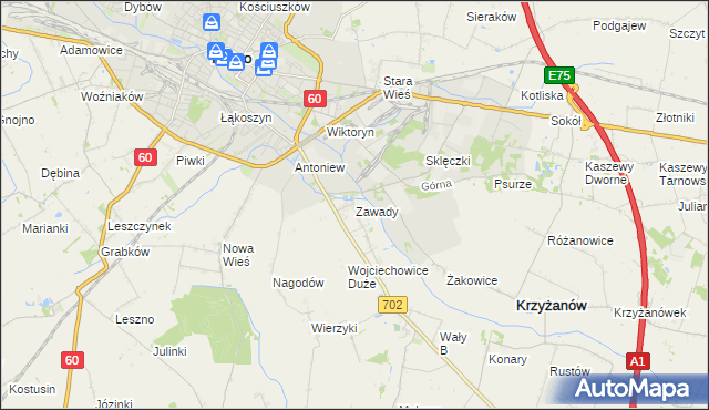 mapa Zawady gmina Krzyżanów, Zawady gmina Krzyżanów na mapie Targeo