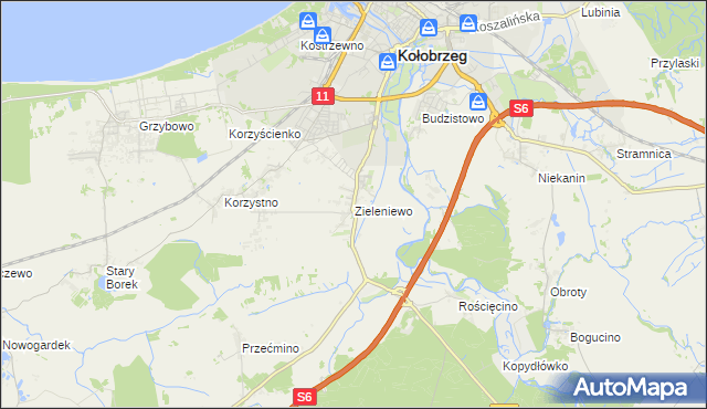 mapa Zieleniewo gmina Kołobrzeg, Zieleniewo gmina Kołobrzeg na mapie Targeo