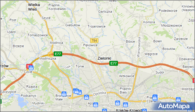 mapa Zielonki powiat krakowski, Zielonki powiat krakowski na mapie Targeo