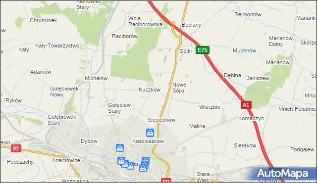 mapa Żurawieniec gmina Kutno, Żurawieniec gmina Kutno na mapie Targeo