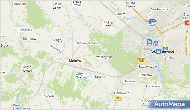 mapa Zwierzyniec gmina Maków, Zwierzyniec gmina Maków na mapie Targeo