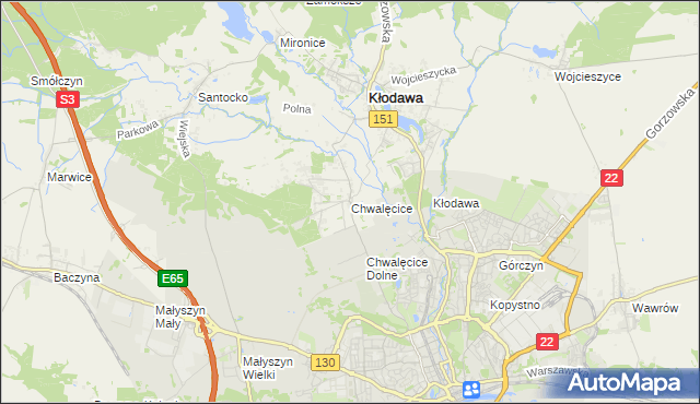 mapa Chwalęcice gmina Kłodawa, Chwalęcice gmina Kłodawa na mapie Targeo