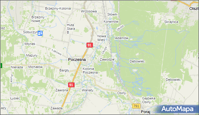 mapa Zawodzie gmina Poczesna, Zawodzie gmina Poczesna na mapie Targeo