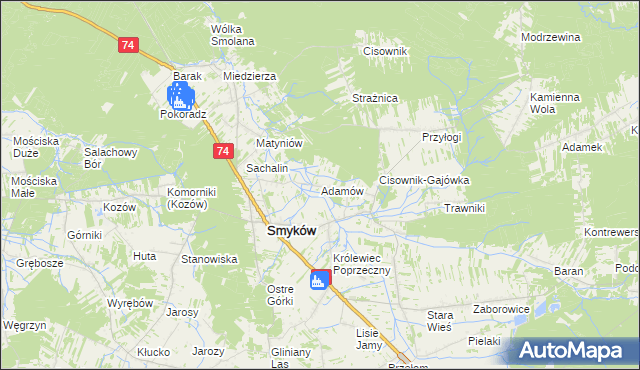 mapa Adamów gmina Smyków, Adamów gmina Smyków na mapie Targeo