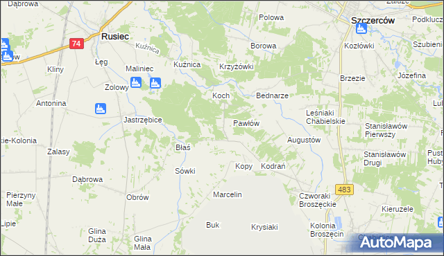 mapa Andrzejów gmina Rusiec, Andrzejów gmina Rusiec na mapie Targeo