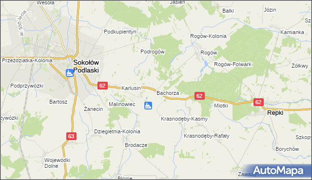 mapa Bachorza gmina Sokołów Podlaski, Bachorza gmina Sokołów Podlaski na mapie Targeo