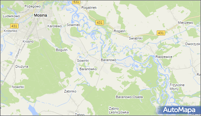 mapa Baranowo gmina Mosina, Baranowo gmina Mosina na mapie Targeo