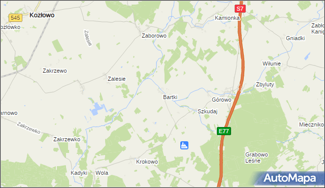 mapa Bartki gmina Kozłowo, Bartki gmina Kozłowo na mapie Targeo