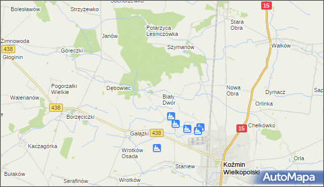 mapa Biały Dwór gmina Koźmin Wielkopolski, Biały Dwór gmina Koźmin Wielkopolski na mapie Targeo