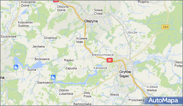 mapa Biedrzychowice gmina Olszyna, Biedrzychowice gmina Olszyna na mapie Targeo