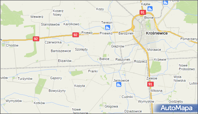 mapa Bielice gmina Krośniewice, Bielice gmina Krośniewice na mapie Targeo