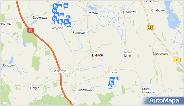 mapa Bielice powiat pyrzycki, Bielice powiat pyrzycki na mapie Targeo