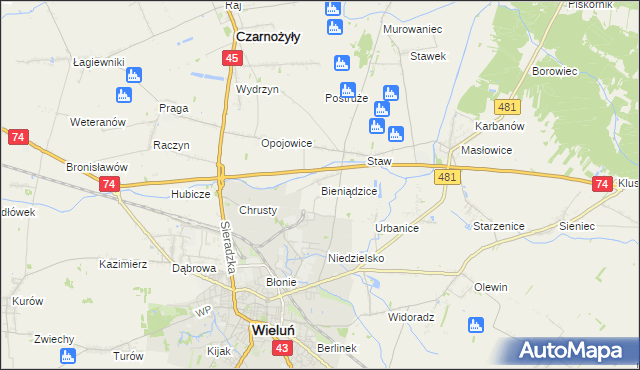 mapa Bieniądzice, Bieniądzice na mapie Targeo