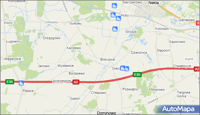 mapa Biskupice gmina Dominowo, Biskupice gmina Dominowo na mapie Targeo