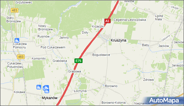 mapa Bogusławice gmina Kruszyna, Bogusławice gmina Kruszyna na mapie Targeo