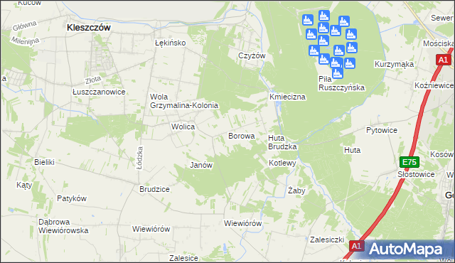 mapa Borowa gmina Dobryszyce, Borowa gmina Dobryszyce na mapie Targeo