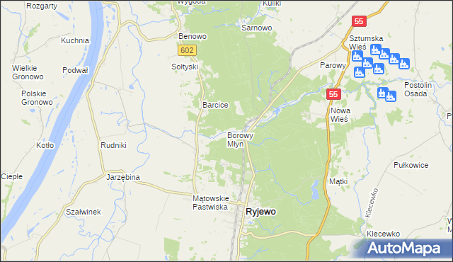 mapa Borowy Młyn gmina Ryjewo, Borowy Młyn gmina Ryjewo na mapie Targeo