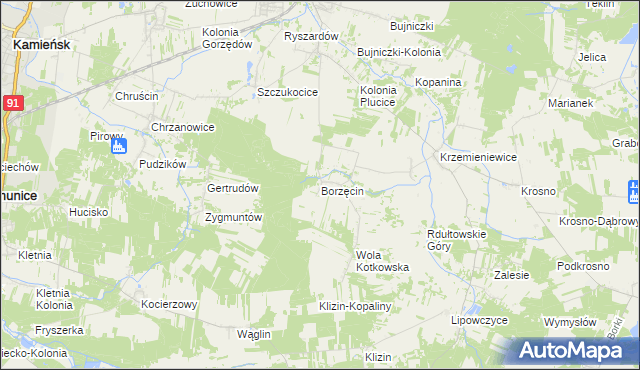 mapa Borzęcin gmina Gorzkowice, Borzęcin gmina Gorzkowice na mapie Targeo