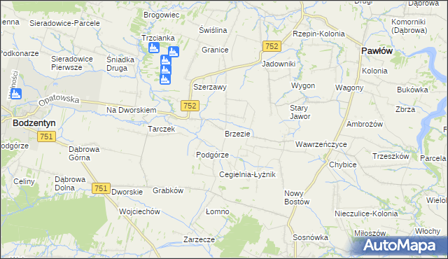 mapa Brzezie gmina Pawłów, Brzezie gmina Pawłów na mapie Targeo