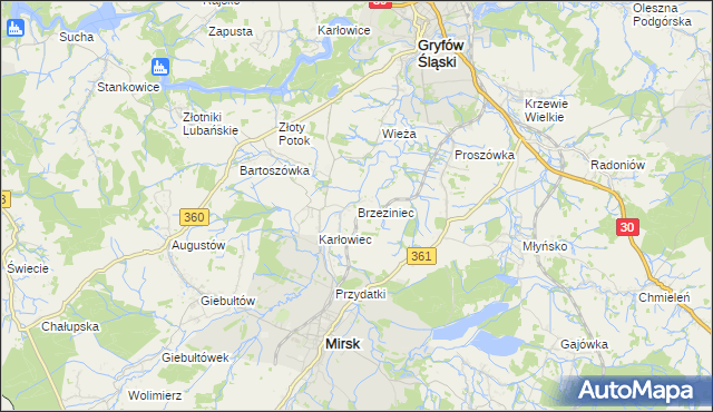 mapa Brzeziniec gmina Mirsk, Brzeziniec gmina Mirsk na mapie Targeo